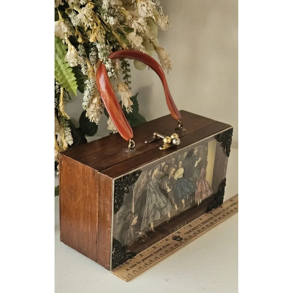 Vintage Wooden 3D  Decoupage Decorative Keepsake Box Purse 1960s/70's
